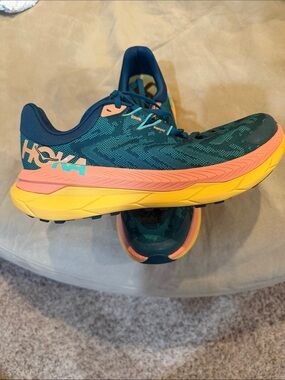 Hoka Teal Running Shoes with Coral and Yellow Accents